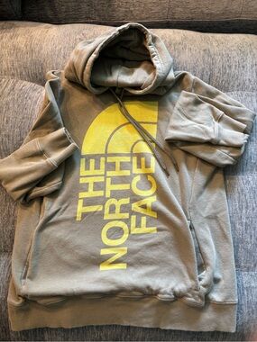 The North Face Olive Green Hoodie with Yellow Logo Accent